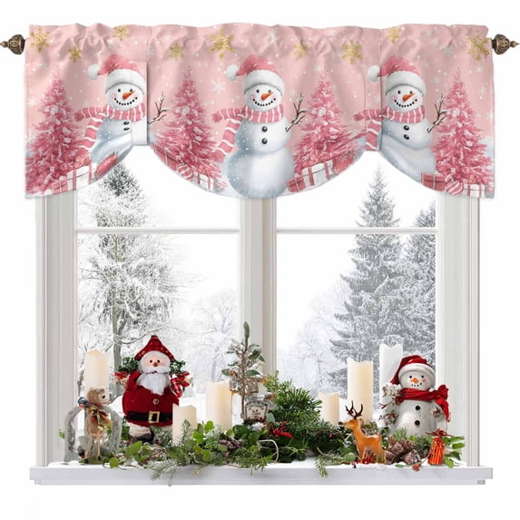Christmas Snowman Tie Up Valances Curtain, Snowman Xmas Tree Snowflakes Winter Pink Adjustable Rod Pocket Short Window Treatment Tie Up Curtains Valances for Kitchen Living Room Bathroom 60x18 Inches