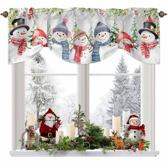 Christmas Snowman Tie Up Valances Curtain, Winter Snowflakes Cardinal Bird Gray Adjustable Rod Pocket Short Window Treatment Tie Up Curtains Valances for Kitchen Living Room Bathroom 60x18 Inches