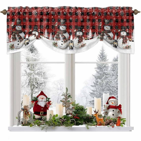 Christmas Snowman Tie Up Valances Curtain, Winter Snowflakes Tree Pine Cone Red Plaid Adjustable Rod Pocket Short Window Treatment Tie Up Curtains Valances for Kitchen Living Room Bathroom 42x12 In