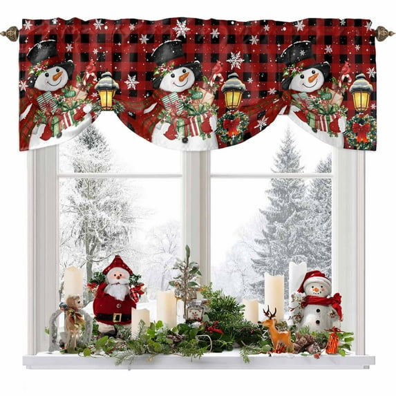 Christmas Snowman Tie Up Valances Curtain, Xmas Winter Snow Wreaths Lights Red Plaid Adjustable Rod Pocket Short Window Treatment Tie Up Curtains Valances for Kitchen Living Room Bathroom 42x18 In