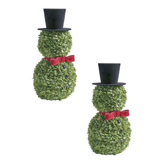 Christmas Snowman Topiary 11.8 Inch Artificial Snowman Shaped Tree with Red Bow Santa Hat Boxwood Topiaries for Indoor Outdoor Home Porch Tabletop Christmas Decorations Holiday Decor, 2PCS