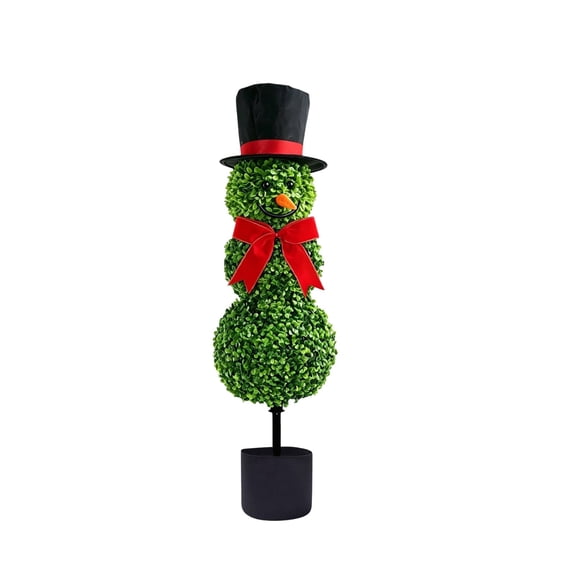 Christmas Snowman Topiary, 31.5 inch Festive Porch Decoration with Red Bow & Hat, Artificial Snowman Stake for Yard, Courtyard, Patio, Lawn & Holiday Party