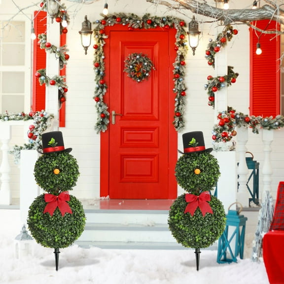 Christmas Snowman Topiary,35.4'' Artificial Snowman Shaped Topiary Tree with Ground Spike Red Bow Santa Hat,Boxwood Topiaries for Christmas Indoor Outdoor Home Porch Decor(1PCS Ground Spike Style)