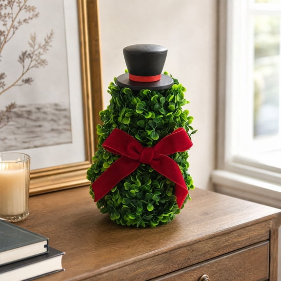 Christmas Snowman Topiary, Artificial Boxwood Topiary with Burgundy Velvet Ribbon Bow and Hat, Tabletop Centerpiece for Indoor Outdoor Porch Patio Mantel Shelf Holiday Decor