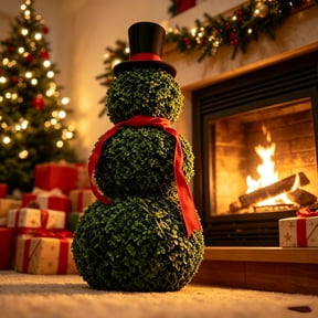 Christmas Snowman Topiary Decor, 32Inch Artificial Shaped Snowman Tree Red Scarf, Christmas Faux Topiary Desk Decor, Xmas Indoor Outdoor Decor