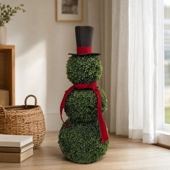 Christmas Snowman Topiary Decor, Artificial Snowman Shaped Boxwood Tree with Red Bow Santa Hat, Christmas Faux Topiary Desk Decor, Xmas Indoor Outdoor Decor