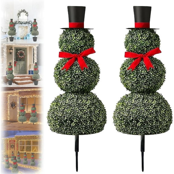 Christmas Snowman Topiary Outdoor Decor - 31.5 Inch Artificial Snowman Shaped Boxwood Tree with Red Bow & Santa Hat, Holiday Decoration for Porch, Yard, Indoor Home Decor
