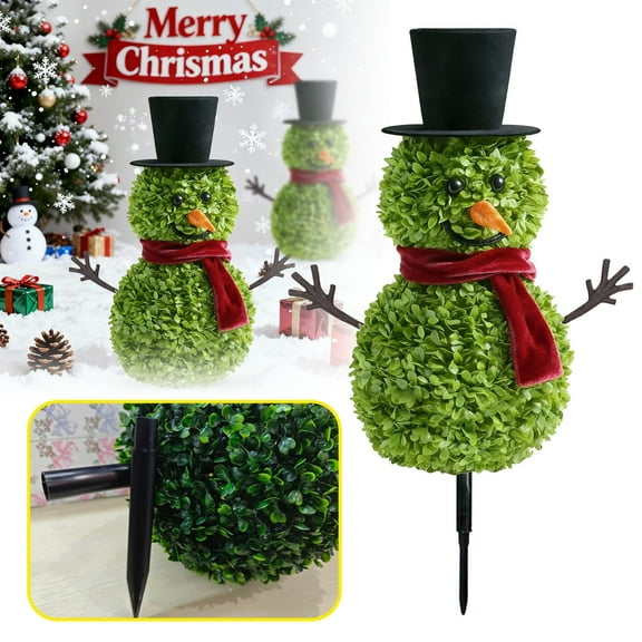 Christmas Snowman Topiary Tree 22 Inch Artificial Snowman Shaped Topiary with Red Bow Santa Hat Boxwood Topiaries for Outdoor Indoor Home Front Porch Door Garden Decor, 1PC