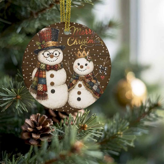 Christmas Snowman Topper Hats Christmas Ceramic Ornament 2026,3" Round Xmas Tree Hanging Accessories with Gold Ribbon,Vintage Wooden Plank Pendant Ornaments for Holiday Gift Home Party Decor