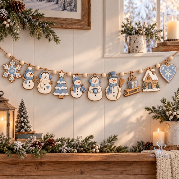 Christmas Snowman Tree Wooden Ornament Garland for Mantel Holiday Decor