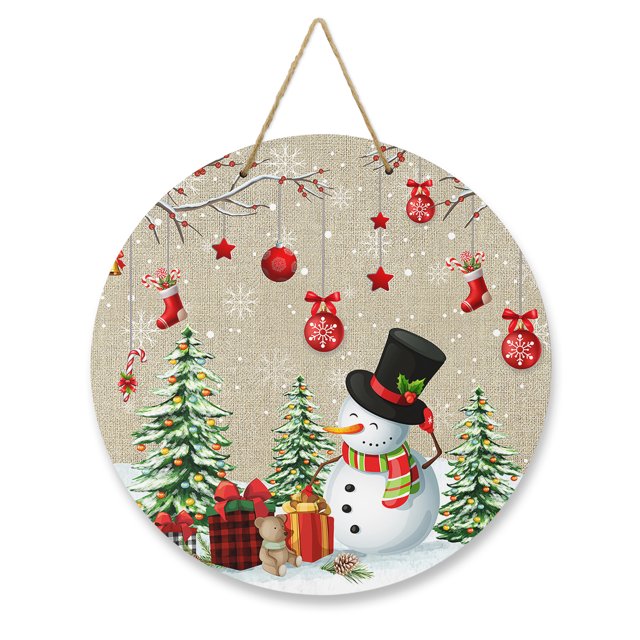 Christmas Snowman Tree Wreaths for Front Door, Rustic Wood Sign