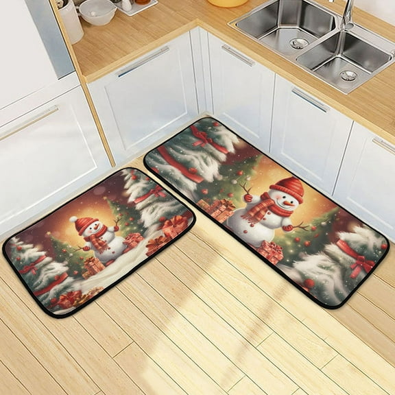 Christmas Snowman Trees Kitchen Rugs Set of 2 Non Slip Floor Foam Mat Cushioned Soft Waterproof Carpet Runner for Dining Room Laundry