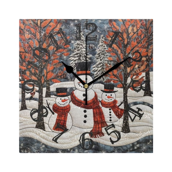 Christmas Snowman Trees Wall Clock Square Silent Non Ticking Battery Operated Clock for Home Bathroom Kitchen Bedroom Living Room