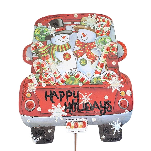 Christmas Snowman Truck Charm Yard Metal Red Pick-Up C22003