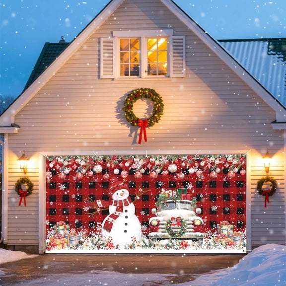 Christmas Snowman Truck Garage Door Banner Covers, Poinsettia Leaf Xmas Balls Large Hanging Indoor/Outdoor Backdrop Background for Christmas Winter Party Decor, 6.9x16 FT