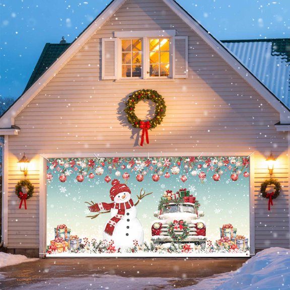 Christmas Snowman Truck Garage Door Banner Covers, Poinsettia Leaf Xmas Balls Large Hanging Indoor/Outdoor Backdrop Background for Christmas Winter Party Decor, 6x13 FT