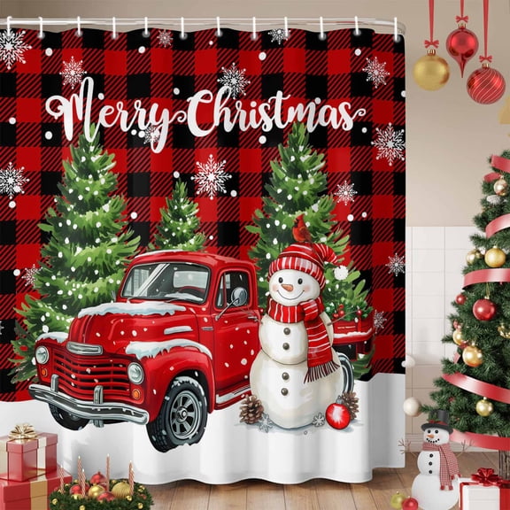 Christmas Snowman Truck Shower Curtain, Red Plaid Xmas Trees Snowflake Waterproof Fabric Shower Curtains with 12 Hooks, Bathroom Curtain Set for Bathroom Accessories Decor, 36 x 72 Inches