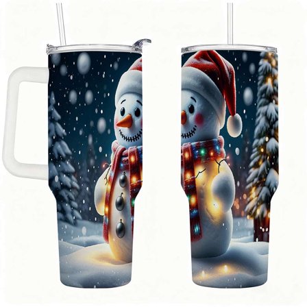 Christmas Snowman Tumbler with Lid and Straw, Light-Up Holiday Winter Night Design