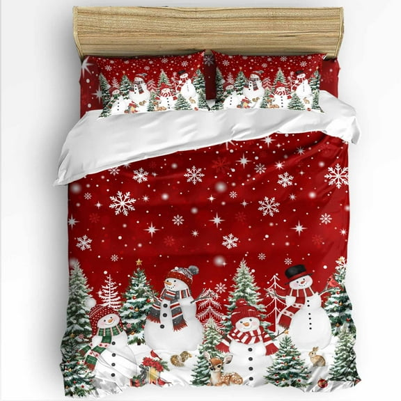Christmas Snowman Twin Size Comforter Set, Cute Snowman Xmas Trees Snowflakes Red Soft Bedding for All Seasons, 4 Pcs Bed Set with 1 Comforter (68"x86") ,1Sheet(66"x116"), 2 Pillowcases (19"x29")