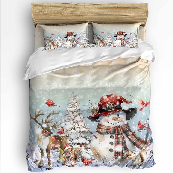 Christmas Snowman Twin Size Comforter Set, Rainbow Xmas Tree Elk Winter Bird Soft Bedding for All Seasons, 4 Pcs Bed Set with 1 Comforter (68"x86") ,1Sheet(66"x116"), 2 Pillowcases (19"x29")