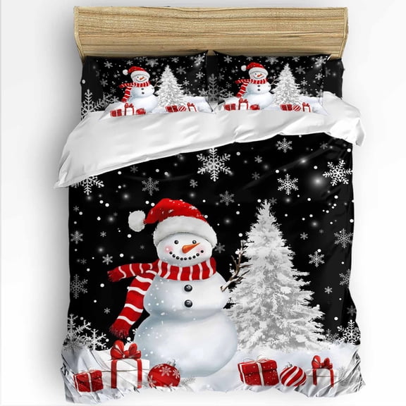 Christmas Snowman Twin Size Comforter Set, Red Snowman Xmas Tree Snowflakes Black Soft Bedding for All Seasons, 4 Pcs Bed Set with 1 Comforter (68"x86") ,1Sheet(66"x116"), 2 Pillowcases (19"x29")