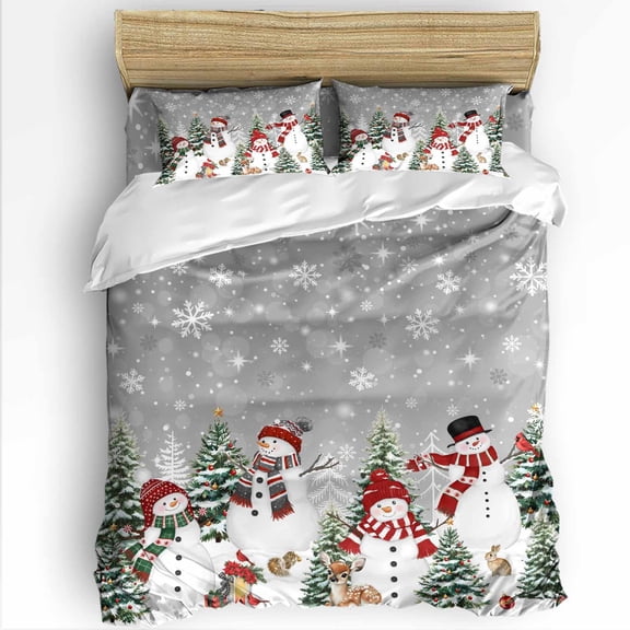 Christmas Snowman Twin Size Comforter Set, Red Snowman Xmas Trees Snowflakes Grey Soft Bedding for All Seasons, 4 Pcs Bed Set with 1 Comforter (68"x86") ,1Sheet(66"x116"), 2 Pillowcases (19"x29")
