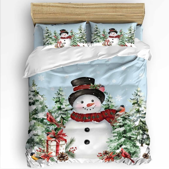 Christmas Snowman Twin Size Comforter Set, Winter Christmas Tree Cardinal Light Blue Soft Bedding for All Seasons, 4 Pcs Bed Set with 1 Comforter (68"x86") ,1Sheet(66"x116"), 2 Pillowcases (19"x29")