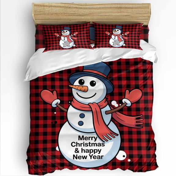 Christmas Snowman Twin Size Comforter Set, Winter Cute Cartoon Snowman Red Plaid Soft Bedding for All Seasons, 4 Pcs Bed Set with 1 Comforter (68"x86") ,1Sheet(66"x116"), 2 Pillowcases (19"x29")