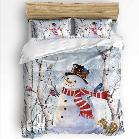 Christmas Snowman Twin Size Comforter Set, Winter Forster Squirrels Xmas Bird Snowfall Bedding for All Seasons, 4 Pcs Bed Set with 1 Comforter (68"x86") ,1Sheet(66"x116"), 2 Pillowcases (19"x29")