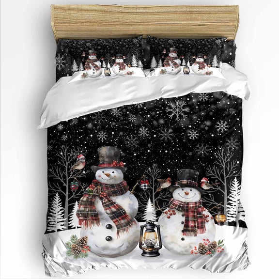 Christmas Snowman Twin Size Comforter Set, Winter Snowflakes Tree Pine Cone Black Soft Bedding for All Seasons, 4 Pcs Bed Set with 1 Comforter (68"x86") ,1Sheet(66"x116"), 2 Pillowcases (19"x29")