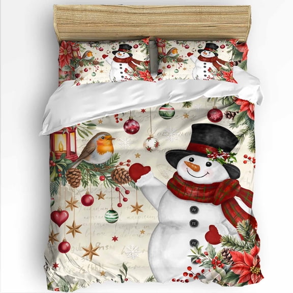 Christmas Snowman Twin Size Comforter Set, Xmas Poinsettia Birds Balls Retro Soft Bedding for All Seasons, 4 Pcs Bed Set with 1 Comforter (68"x86") ,1Sheet(66"x116"), 2 Pillowcases (19"x29")