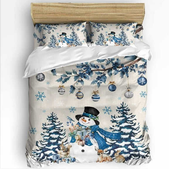 Christmas Snowman Twin Size Comforter Set, Xmas Tree Branches Balls Deer Rustic Soft Bedding for All Seasons, 4 Pcs Bed Set with 1 Comforter (68"x86") ,1Sheet(66"x116"), 2 Pillowcases (19"x29")