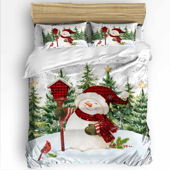 Christmas Snowman Twin Size Comforter Set, Xmas Tree Forest Snowflake Winter Snowing Soft Bedding for All Seasons, 4 Pcs Bed Set with 1 Comforter (68"x86") ,1Sheet(66"x116"), 2 Pillowcases (19"x29")