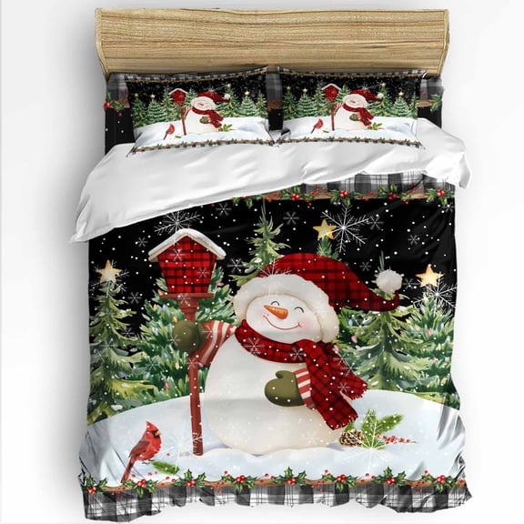 Christmas Snowman Twin Size Comforter Set, Xmas Tree Forest Snowing Snowflake Plaid Black Bedding for All Seasons, 4 Pcs Bed Set with 1 Comforter (68"x86") ,1Sheet(66"x116"), 2 Pillowcases (19"x29")