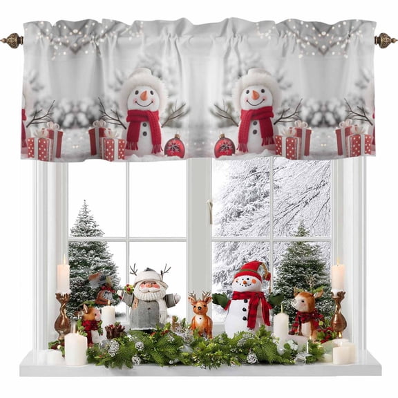 Christmas Snowman Valance Curtain for Windows White Snowman Scarf Hat Box Snow Scene Rod Pocket Curtain Valances Short Window Treatments Panels for Kitchen Bathroom Laundry Room Basement 42 x 12 Inch