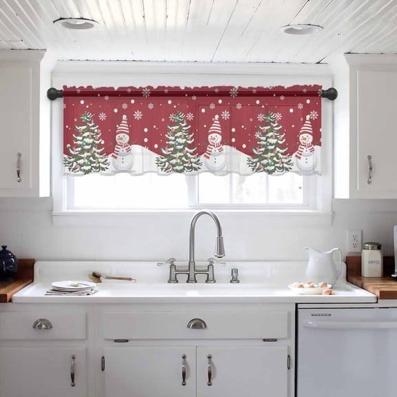 Christmas Snowman Valance Curtains for Kitchen/Living Room/Bathroom/Bedroom Window, Winter Xmas Trees Snowflakes Red Rod Pocket Small Topper Half Short Window Curtains Voile Sheer Scarf 54"x18"