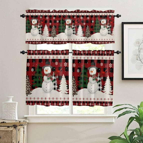 Christmas Snowman Valance and Tier Set of 3,Xmas Tree Window Curtain Rod Pocket Vlances for Kitchen,Retro Red Buffalo Plaid Privacy Panel Drapes Light Filtering Short Curtains for Bedroom