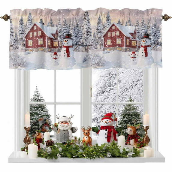 Christmas Snowman Valances for Windows, 42 x 18in, Farmhouse Winter Snowflake Xmas Tree Rod Pocket Kitchen Valance Curtain Light Filtering Window Treatments for Living Room Bedroom, 1 Panel