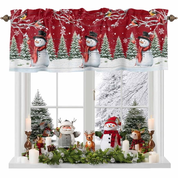Christmas Snowman Valances for Windows, 42 x 18in, Tree Winter Bird Berry Red Wood Grain Rod Pocket Kitchen Valance Curtain Light Filtering Window Treatments for Living Room Bedroom, 1 Panel