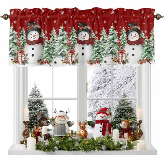 Christmas Snowman Valances for Windows, 42 x 18in, Winter Christmas Tree Cardinal Snow Red Rod Pocket Kitchen Valance Curtain Light Filtering Window Treatments for Living Room Bedroom, 1 Panel