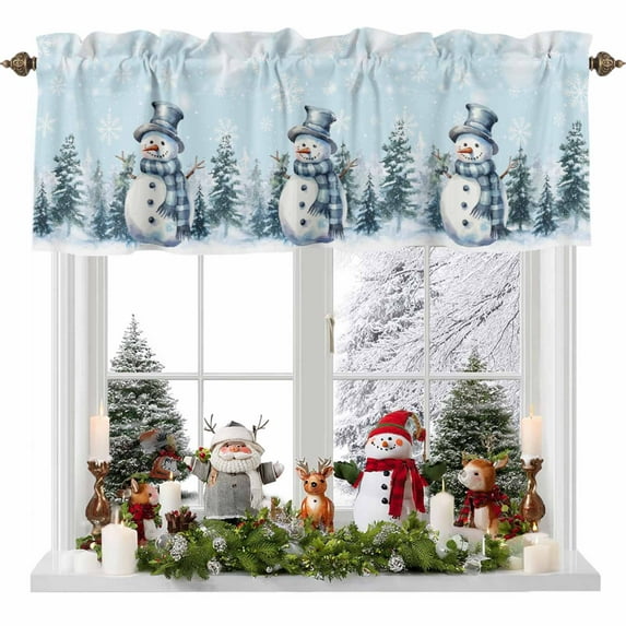 Christmas Snowman Valances for Windows, 42 x 18in, Winter Tree Snowflakes Blue White Rod Pocket Kitchen Valance Curtain Light Filtering Window Treatments for Living Room Bedroom, 1 Panel