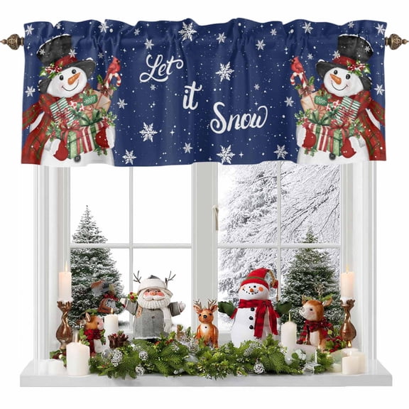 Christmas Snowman Valances for Windows, 42 x 18in, Winter Xmas Box Bird Snowflakes Navy Blue Rod Pocket Kitchen Valance Curtain Light Filtering Window Treatments for Living Room Bedroom, 1 Panel