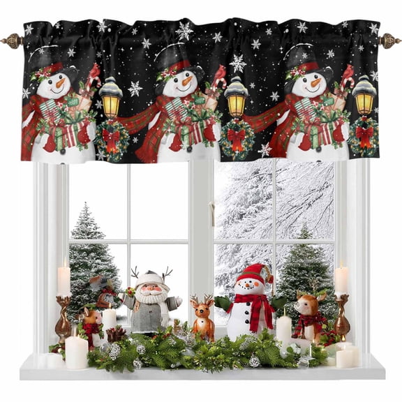 Christmas Snowman Valances for Windows, 42 x 18in, Xmas Box Winter Snow Wreaths Lights Black Rod Pocket Kitchen Valance Curtain Light Filtering Window Treatments for Living Room Bedroom, 1 Panel