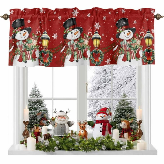 Christmas Snowman Valances for Windows, 42 x 18in, Xmas Box Winter Snow Wreaths Lights Red Rod Pocket Kitchen Valance Curtain Light Filtering Window Treatments for Living Room Bedroom, 1 Panel