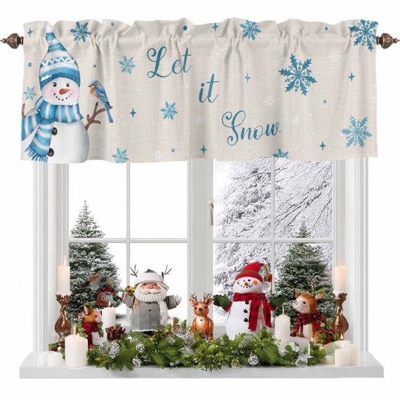 Christmas Snowman Valances for Windows, 54 x 18in, Bird Snowflake Winter Blue Linen Texture Rod Pocket Kitchen Valance Curtain Light Filtering Window Treatments for Living Room Bedroom, 1 Panel