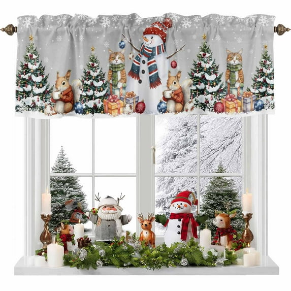 Christmas Snowman Valances for Windows, 54 x 18in, Squirrel Cat Winter Tree Snowflake Gray Rod Pocket Kitchen Valance Curtain Light Filtering Window Treatments for Living Room Bedroom, 1 Panel