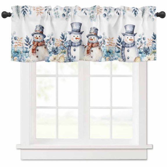 Christmas Snowman Valances for Windows, Blue Floral Eucalyptus Leaves Winter Light Filtering Window Treatment Valances, Rod Pocket Small Curtains for Kitchen/Bathroom, 42"x12"