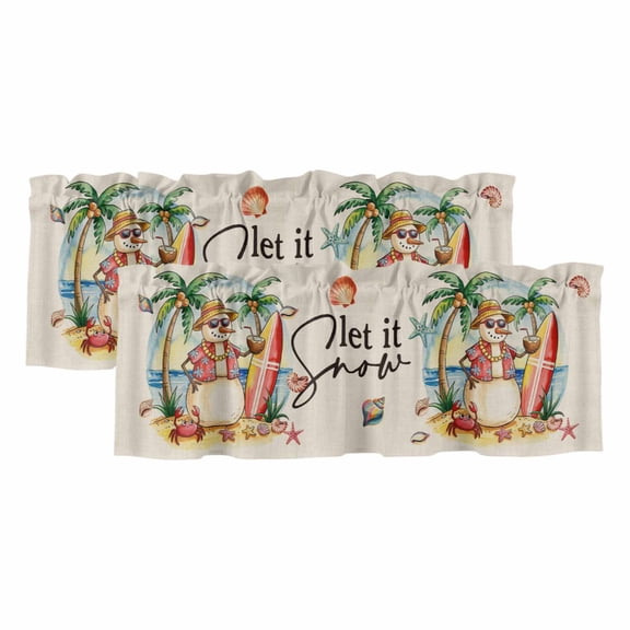 Christmas Snowman Valances for Windows, Decorative Rod Pocket Window Valance Curtains, Winter Coastal Beach Palm Tree on Linen Short Curtain Drapes for Kitchen/Living Room, 2 Panels, 42" W x 18" L