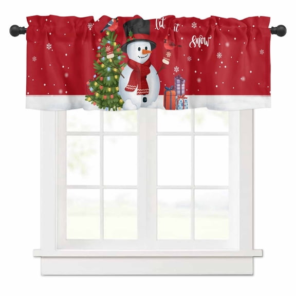 Christmas Snowman Valances for Windows Red Winter Snowman Pine Tree Bird Xmas Box Rod Pocket Curtain Valance Window Treatment Short Curtains for Kitchen Living Room, 42"x12"