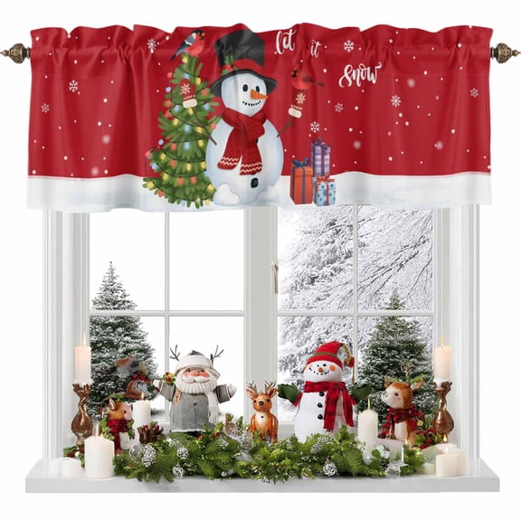 Christmas Snowman Valances for Windows, Red Winter Snowman Pine Tree Bird Xmas Box Rod Pocket Valance Short Window Treatments Curtains for Kitchen Bathroom Bedroom Decor, 60 x 18 In